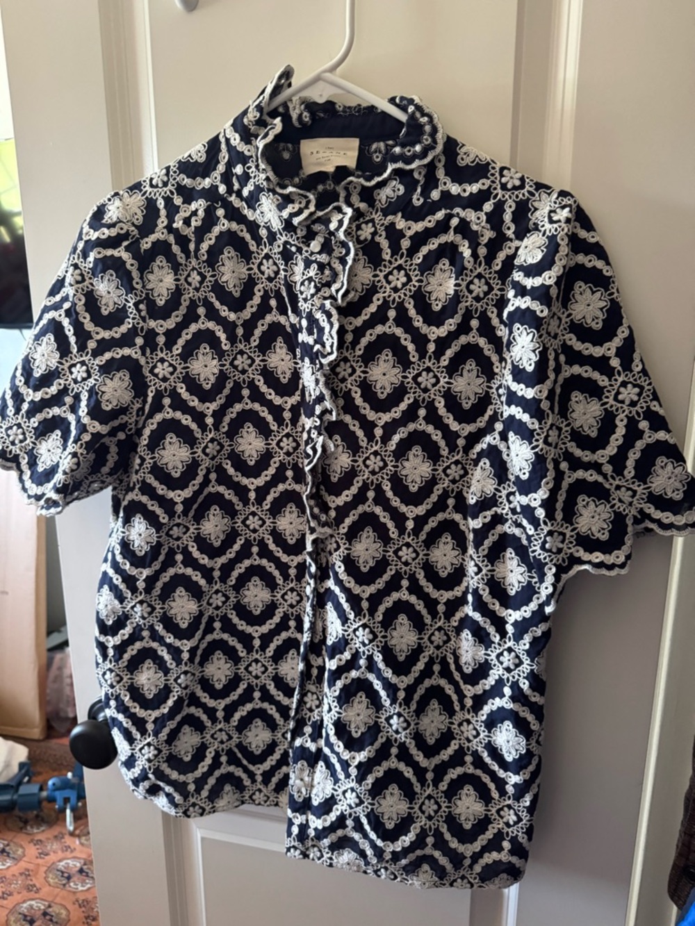 Sezane Navy & White Scalloped Lace Button-Up Blouse